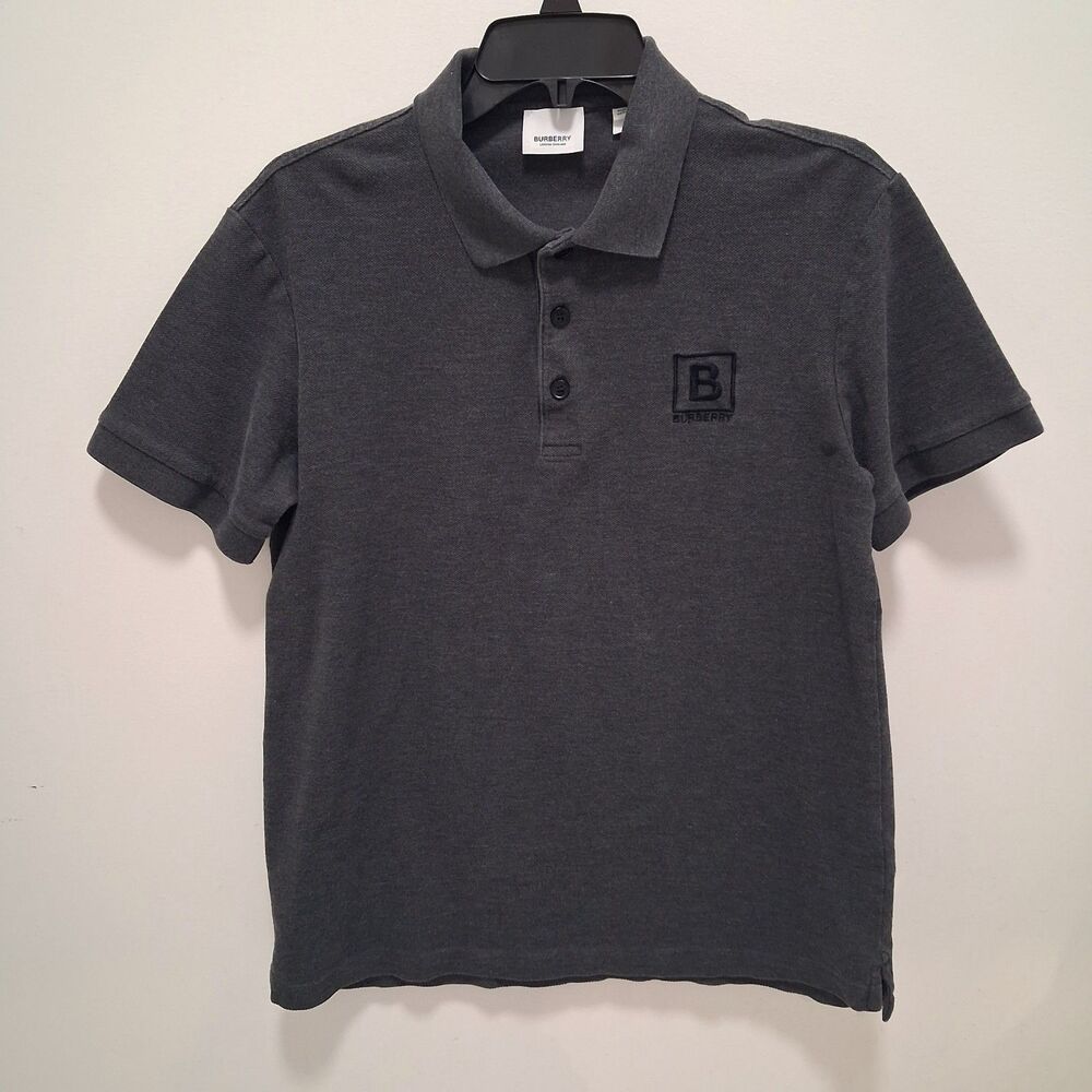 Burberry Polo Shirt Block Letter SZ M Gray Short Sleeve Collar 3 Button Cotton